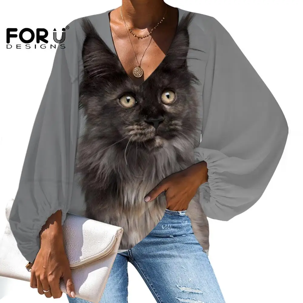 elegante capucha con mangas largas informal TriLance Blusa para mujer de gran tamaño informal con estampado de gato bolsillo irregular 