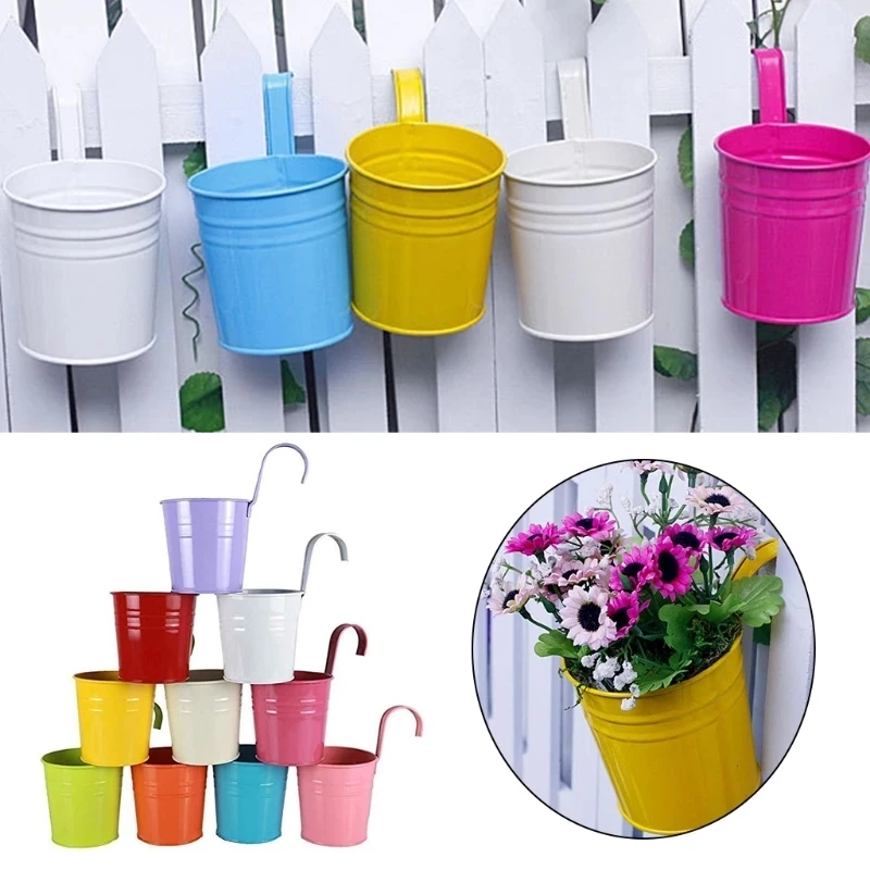 GIOVARA Vaso portafiori in Metallo a Forma di Secchiello da Appendere, Vaso da Giardino con Foro di drenaggio e Gancio Rimovibile (10 Pezzi con 10 Colori Assortiti