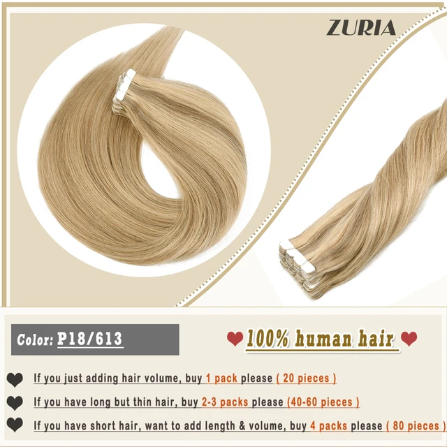 ZURIA Mini Tape In Hair Extensions Machine Remy Natural Hair Extensions Human Hair Straight 20 Inchs Seamless Adhesive Skin Weft #P18/613