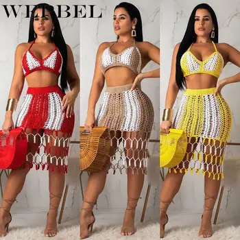 

WEPBEL Two Piece Set Summer Knitted Halter Beach Wear Bikini Cover-up Women's Sexy Tassel Knitting Halter Crop Tops Skirts