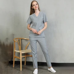 Performance Women's Medical Scrubs Nurse Men's Work Uniform Doctor Workwear Top and Pant Gray Solid Color Suits 302
