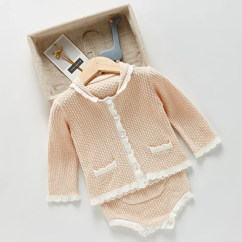 0-3Yrs Toddler Baby Girl Knitting Clothes Set Spring Autumn Solid Color Hollow Out Cardigan Coat+Romper Newborn Baby Clothes Set