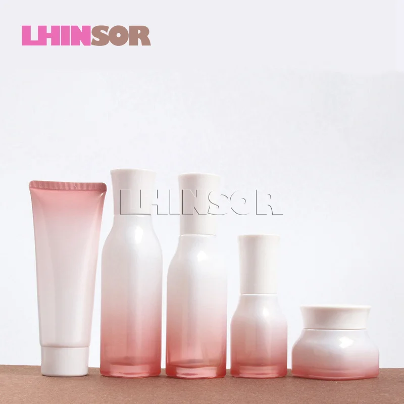 

5pcs/lot Gradient Pink Glass Spray Press Pump Bottle Lotion Bottles Cream Jars Empty Tubes Cosmetic Packing Containers
