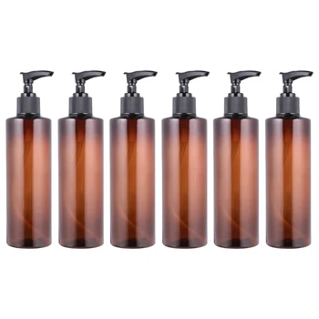 

6Pcs 250ml Plastic Press Pump Bottle Travel Subpackging Bottle Refillable Brown Bottle (Random Pump Head Color)