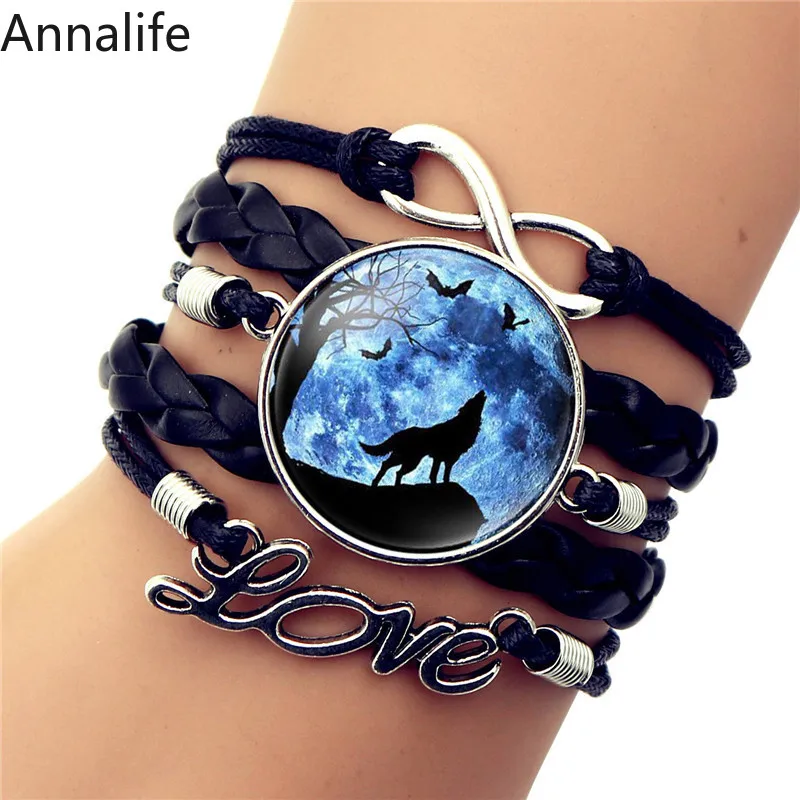 

2019 New Wolf Symbol Leather Bracelet Argent Glass Round High Quality Black Adjustable Bracelets