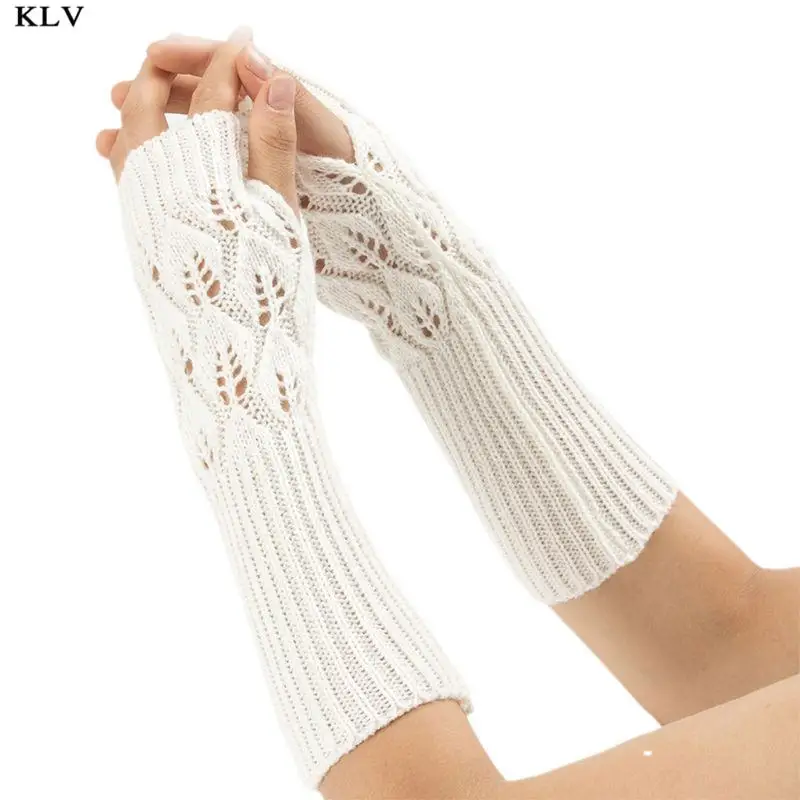 Зимние вязаные жаккардовые перчатки без пальцев для женщин и девочек, Длинные теплые однотонные варежки с отверстиями для большого пальца - Цвет: White