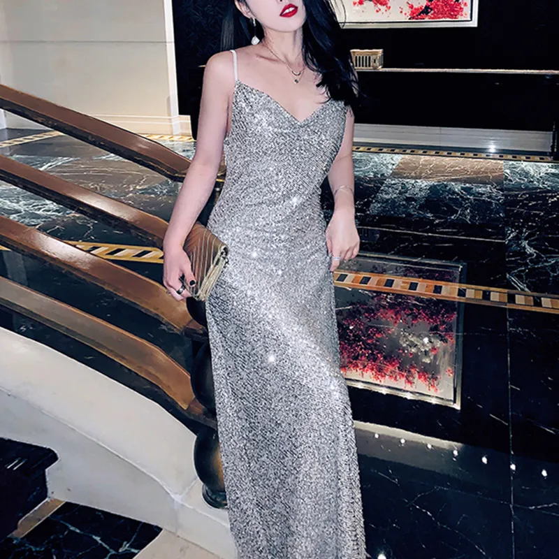 

Glitter Dress For Women Spaghetti Strap Sexy Blackless Long Sparkly Sequin Evening Dress Ladies Night Club Party Vestidos Female