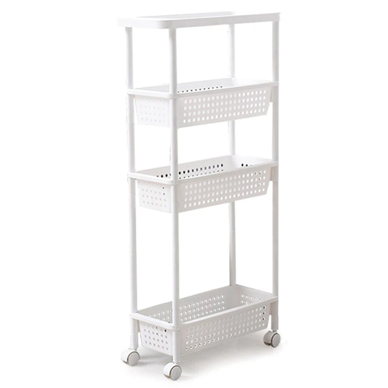 

Space Kitchen Storage Rack Shelf Slim Slide Tower Movable Assemble Thickened Plastic Bathroom Shelf Wheels Space Saving Organize