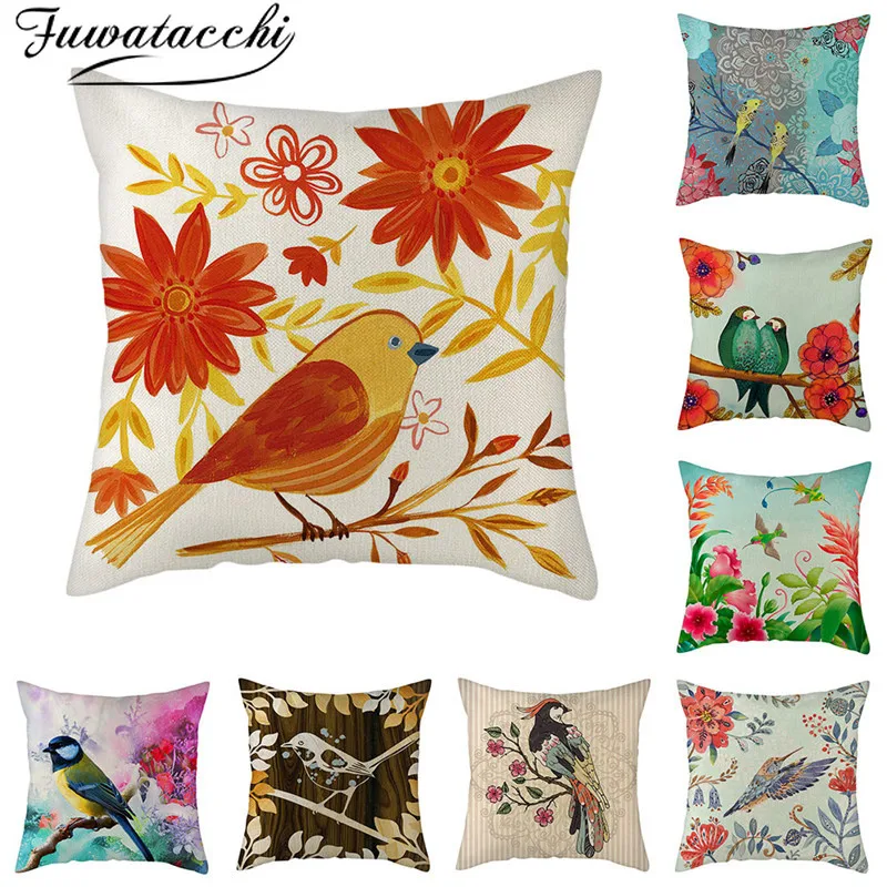

Fuwatacchi Pure Linen Animal Cushion Cover Bird Tree Flowers Pillow Cover for Home Sofa Decorative Pillowcases 450mmx450mm
