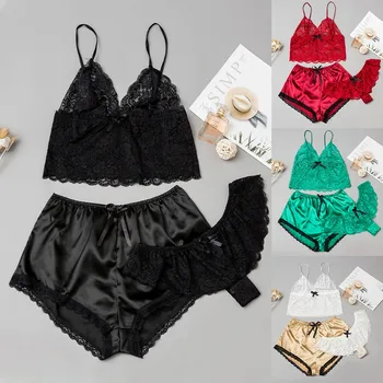 

Silk Pajamas Sexy Satin Lingerie Lace Shorts Set Women Summer Underwear Sleepwear Nightie Sleepwear Home Clothes Pyjama Femme