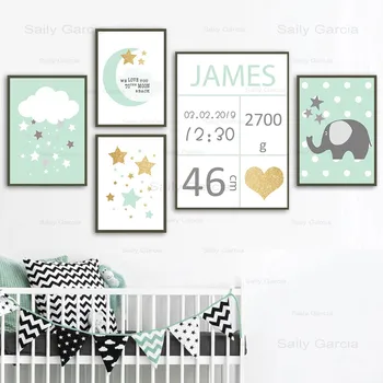 

Nursery Custom Name Wall Art Prints Cloud Poster Moon Kids Canvas Painting Elephant Posters Nordic Wall Pictures for Room