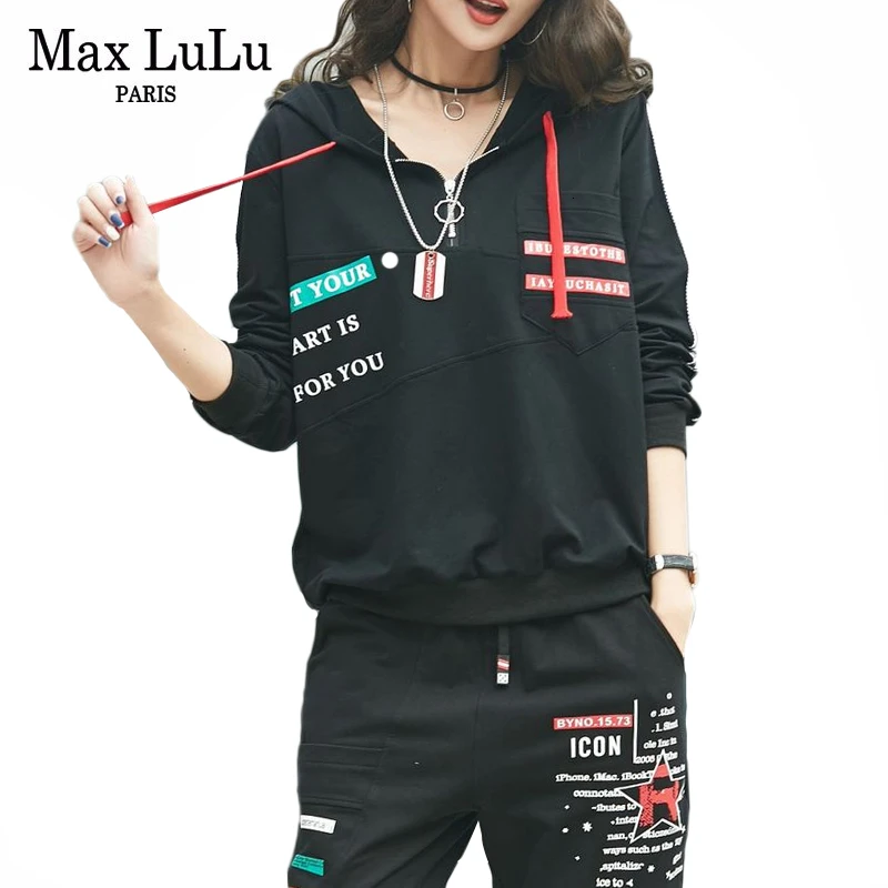 Max LuLu Весна, Европейская мода, Женские топы и штаны для фитнеса, Женский комплект из двух предметов, спортивный костюм с капюшоном, повседневная одежда с принтом