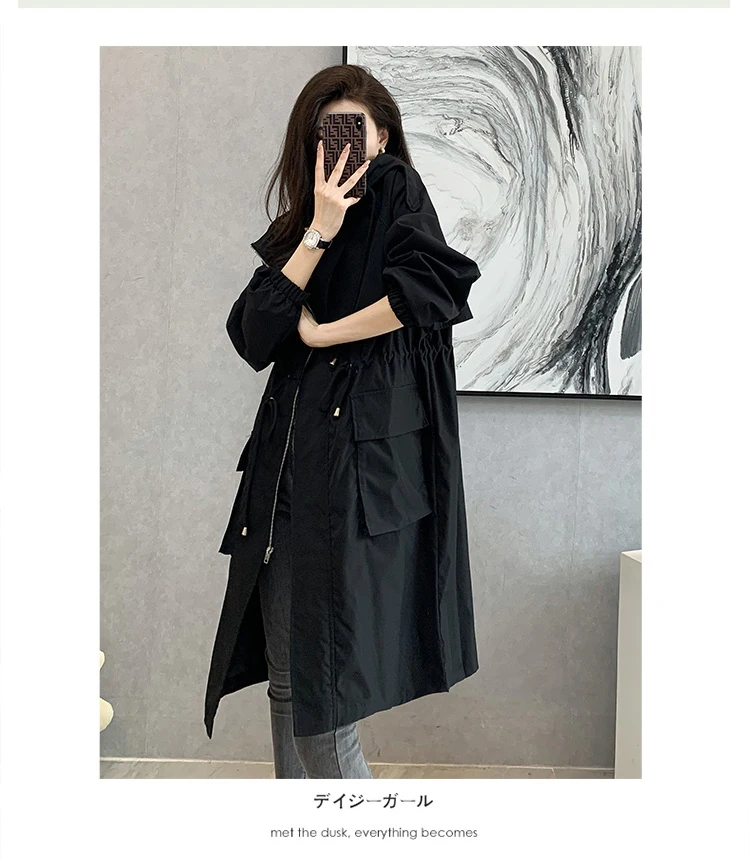 New 2021 Spring Autumn Long Trench Coat Women Loose Hooded Overcoat Female Adjustable Waist Outerwear Korean Fashion Windbreaker puffer coat with fur hood