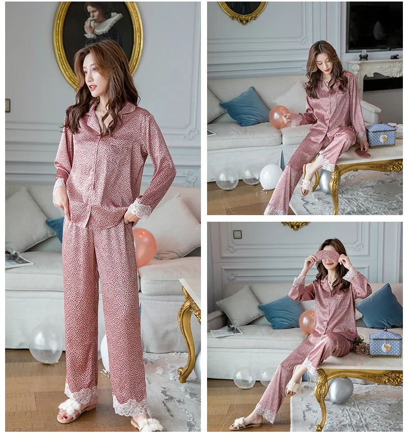 Сексуальные розовые леопардовые Сатиновые ледяные шелковые благородные женские пижамные комплекты высокого качества с длинным рукавом Брюки женские пижамы Корея милые пижамы