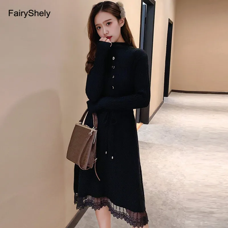 Black Dress Сказочное платье-свитер с высоким воротом, женское платье, осенне-зимнее теплое длинное платье, элегантное кружевное трикотажное платье-пуловер, женское платье - Цвет: Black Dress