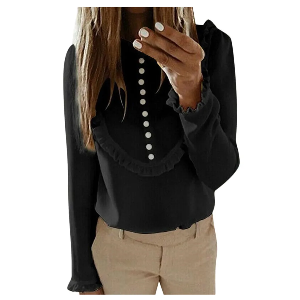 Womail блузка женская модная элегантная рубашка с длинными рукавами Корейская рубашка на пуговицах Повседневная рабочая одежда офис женская рубашка свободные пуловеры 828 - Цвет: BK