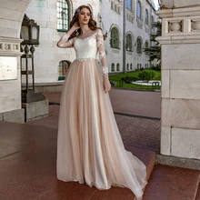 

2021 Sweetheart Long Sleeve Wedding Dress A Line Lace Appliques Champagne Tulle Sweep Train For Women Robe De Soirée De Mariage