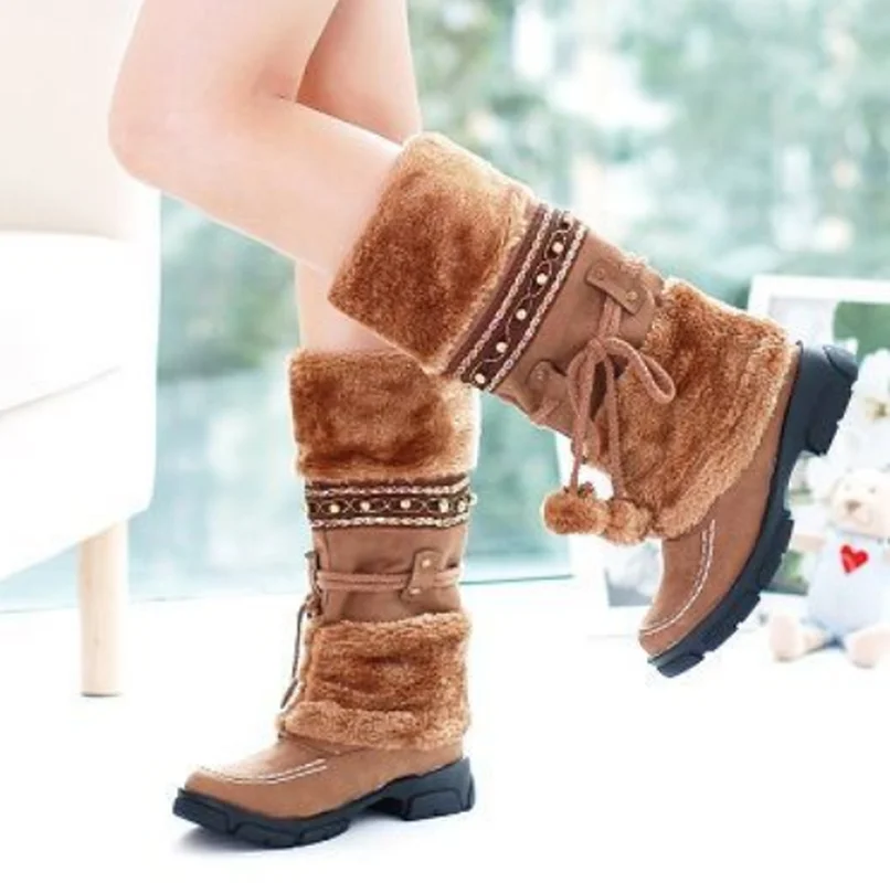 Women knee high Boots gladiator low heels autumn fur warm winter plus size shoes Booties vintage Shoe Martin mujer H222