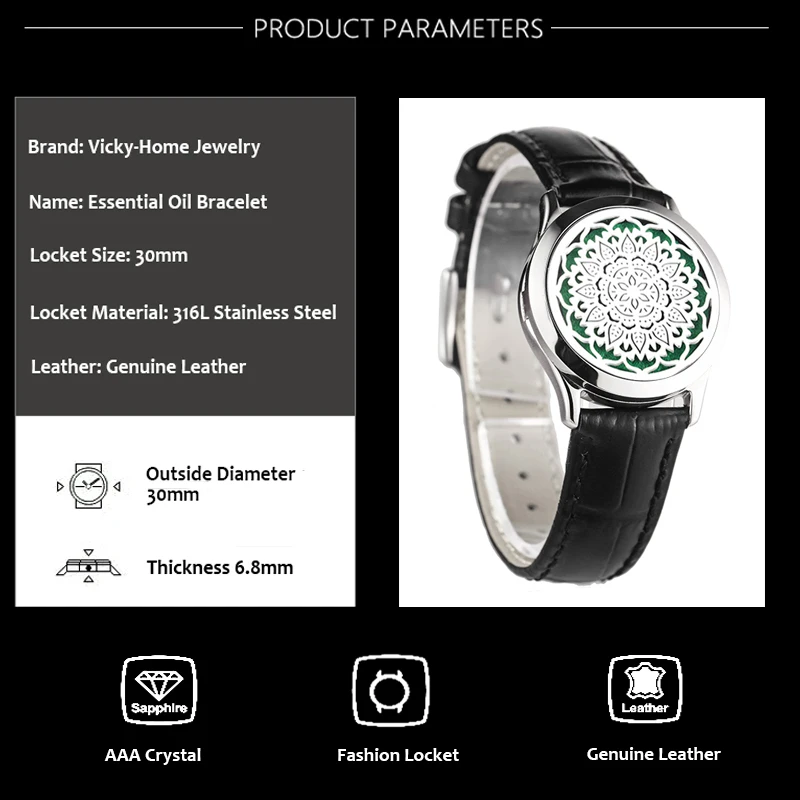 Black Genuine Leather Man Woman 30mm Aroma Locket Bracelet Stainless Steel Bangle Essential Oils Aromatherapy Locket Bracelet