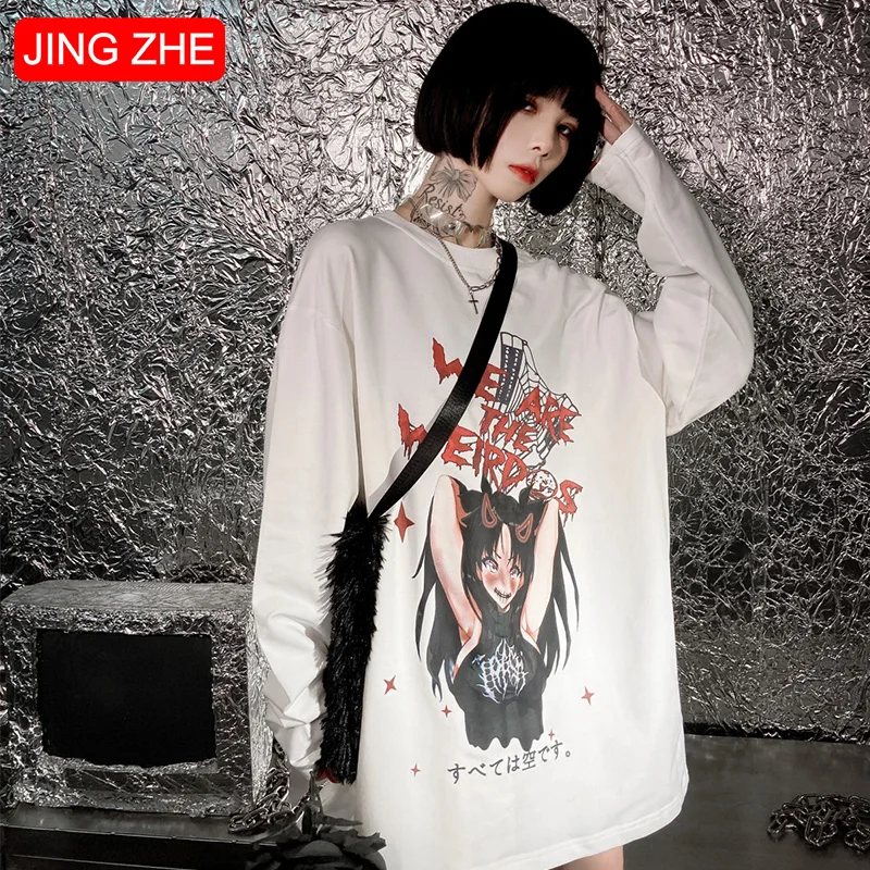 

JING ZHE Japanese Women Sweatshirts Autumn Hoodie High Street Streetwear Cartoon Girl Horror Letter Graffiti Pullovers Oversized