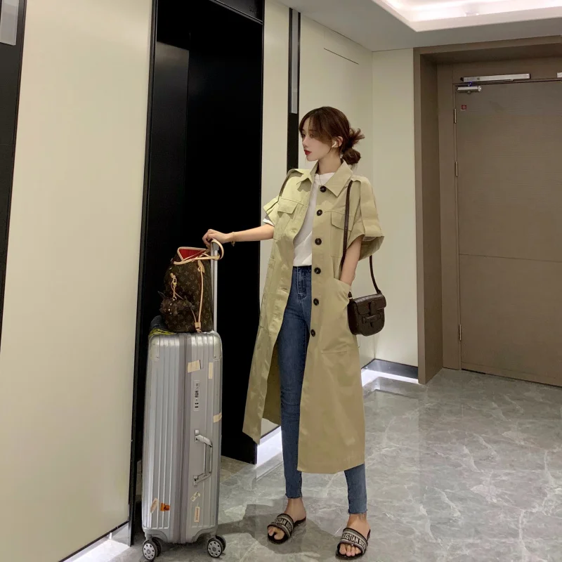 Fox Mrs. Early Autumn Vintage Khaki Single Breasted Short Sleeve Trench Coat Elegant Loose-Fit Middle Long Coat Women's