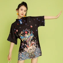 2020 primavera Chinses Vintage mujeres de manga corta Cheongsam camisas señora nacional dragón blusas señora Chineses imprimir Tops