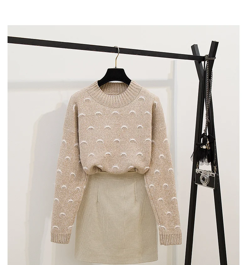 

Women's Casual Fashion Knitted 2-Piece Suits High Quality Thicken Warm Pullover Tops+High Waist Plaid Mini Skirt Sets Female New