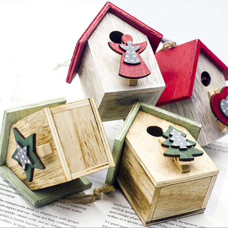

Christmas Colorful Painting Small Wood House Christmas Tree Hanging Decoration Festive Party Supplies Creative