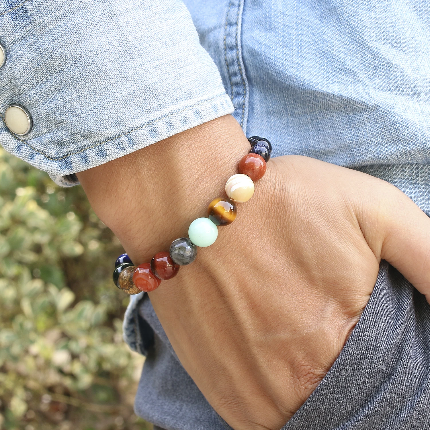 Women Bracelets Natural Stone Beaded Chakra Yoga Bracelet Universe Solar System Planets Charm