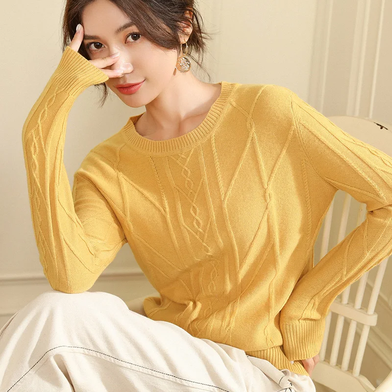 Пуловер с круглым вырезом свободный теплый кашемировый свитер с длинными рукавами женский свитер осень и зима - Цвет: yellow