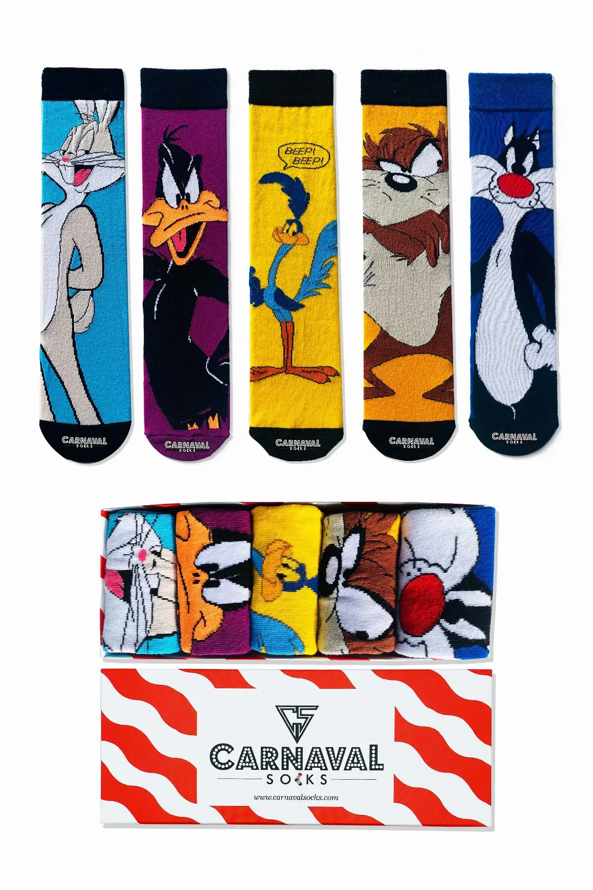 5 Pezzi Personaggi Dei Cartoni Animati Fantasia Calzini Colorati Set Bugs Bunny Daffy Duck Sylvester Tasmanian Beep Beep Box % 100 Cotone