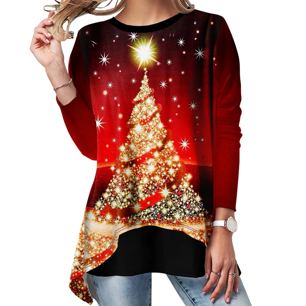 Blusa con estampado de árbol de Navidad para Mujer, camisa informal de manga larga, Camiseta femenina - AliExpress de mujer
