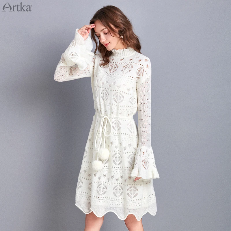 Женское трикотажное платье свитер ARTKA элегантное ажурное из мохерового