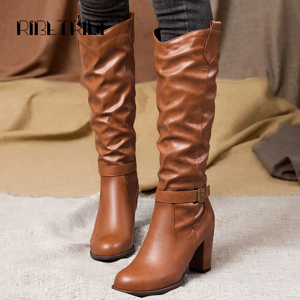 

RIBETRINI Fashion Women's Motorcycle Boots Chunky High Heels Rubber Sole Autumn Shoes Woman Slip On Mid Calf Riding Boots