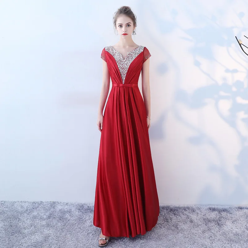 

New Evening Dress Red Shiny Crystal Small V-Neck Women Vestidos 2020 Short Sleeve Robe De Soiree A Line Formal Party Gowns K222