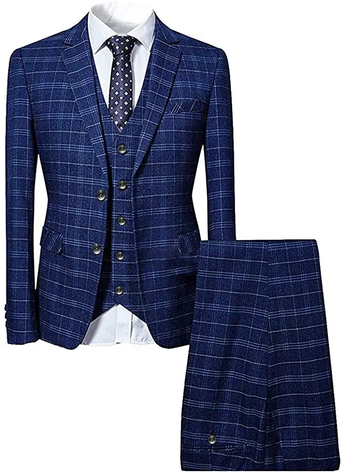 

Mens Vintage 3 Pieces Mens Suits Plaid Single Breasted Slim Fit Tuxedos For Wedding Groommen ( Jacket+Vest+Pants)