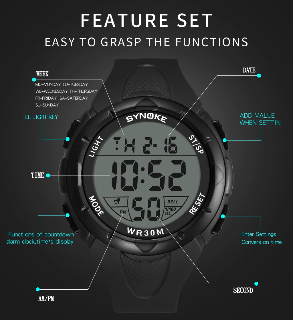 SYNOKE Men's Sport Watch Waterproof Electronic Clock TOP Brand Men Luxury Digital Watches LED Large Dial Military Watch For Men