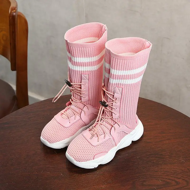 Новые высокие сапоги для девочек на весну-осень детские носки для принцессы повседневная детская обувь черного, розового и белого цветов сапоги до колена для девочек - Цвет: Pink