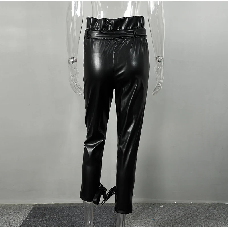 Women Black Pu Leather Pants High Waist 
