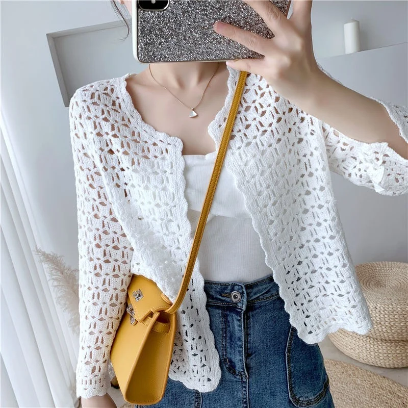 Spring Autumn Cotton Shawl Air-conditioning Shirt Hollow Crochet Short Lace Sun Protection Clothing Knitted Cardigan Jacket Y253 2023 korea kids knitted hat autumn winter boys girls solid color ear protection up pullover knitted wool hat