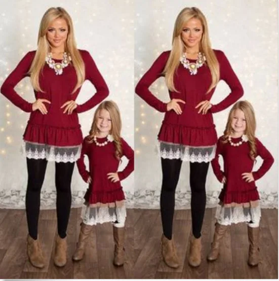 

LOOZYKIT 2020 Autumn New European And American Bubble Side Lace Solid Color Dress Long Sleeve Warm Parent-child Clothing