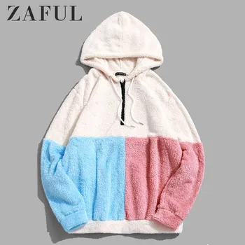 

ZAFUL Men Color-Blocking Splicing Half Zipper Fuzzy Hoodie Warm Fluffy Fleece Hoodie Outdoor Autumn Sweatshirts Pullover Hoodie