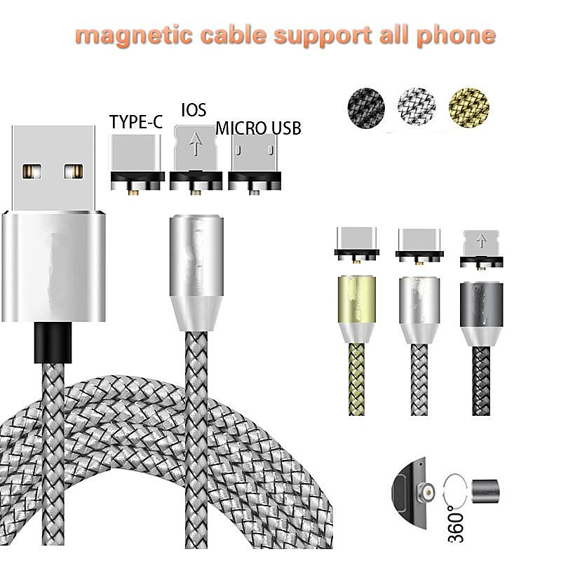 Магнитный кабель в оплетке для мобильного телефона светодиодный Micro USB type C для iPhone X 7 8 6 Xs XR samsung Galaxy S9 S10 Plus S10e 70 A7 J6 A8 M30