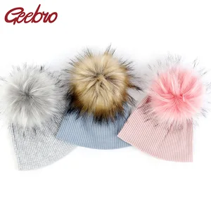 Geebro Newborn Soft Ribbed Cotton Beanies Hats With Faux Fur pompom For Baby Girls Boys Autumn Winter Kids Baby Hats