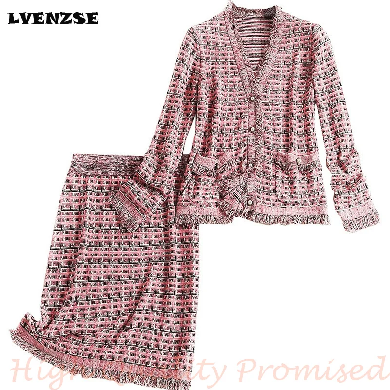 

LVENZSE Designer Women's Clothings Autumn and Winter 2019 Two-piece Set Woman Office Uniforms Skirt and Suit for Women Tassel
