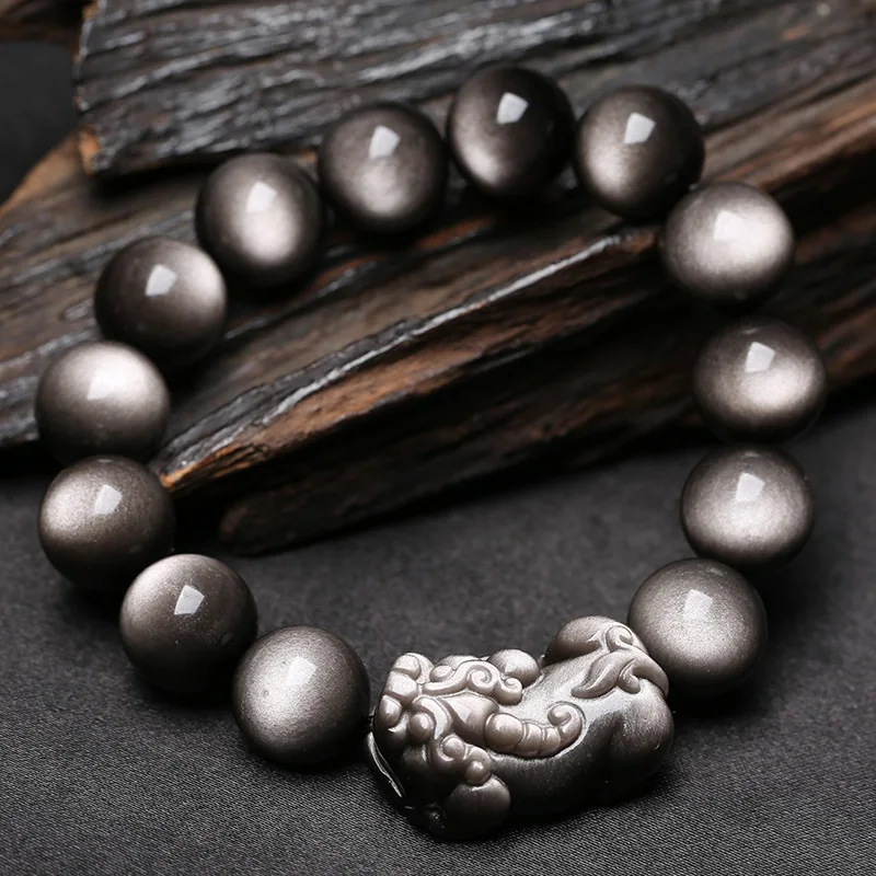 Natural Stone Bracelet Silver Pixiu Brave Troops Braided Buddhism Round Beads Energy DIY Obsidian Bangles Men Women Jewelry