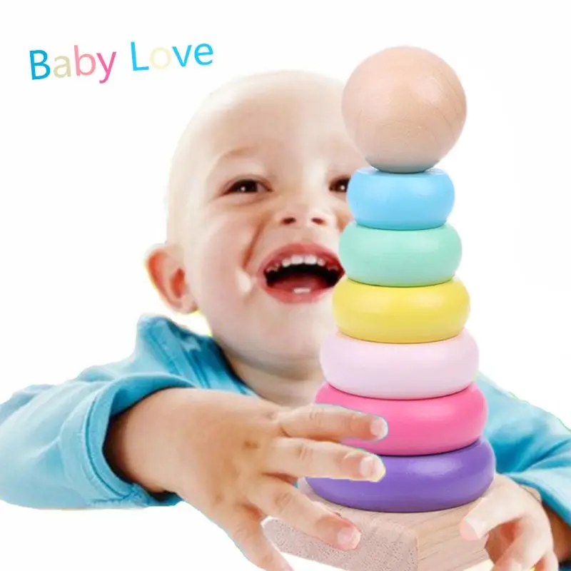 Bloques de madera para apilamiento de bebés, Color cálido, arcoíris, torre de anillo, juguetes para bebés XX9E