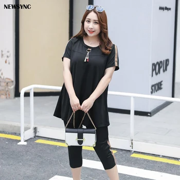 

NEWSYNC Women Tees and Pants Ladies Suits New 2020 Summer Spring Sets Seven Quarter Trousers Plus Over Size Short Sleeve Tops