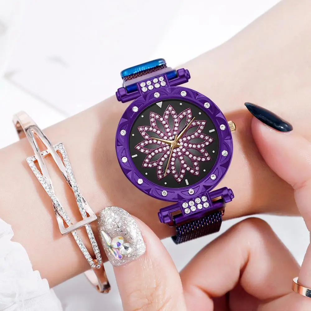 

Women Magnet Mesh Watch Purple Lucky Flower Wristwatches Luxury Diamond Ladies Dress Crystal Quartz Clock Stainless Steel Watch