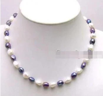 

SALE Big 7-8mm white & Black BAROQUE natural Freshwater PEARL 17" Necklace-5852